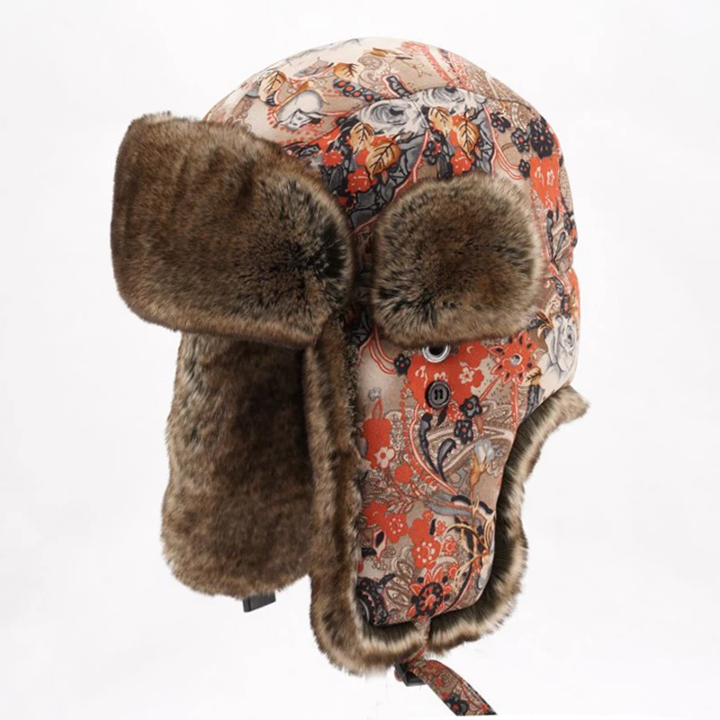 Женская зимняя шапка с бомбером "Флорал" из шерсти с мехом, русская ушанка с утеплителем, теплые бохемские шапки с ушками.