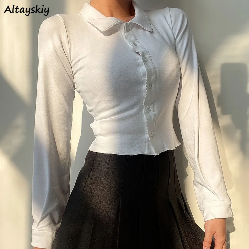 

Shirts Women Slim Solid Crop Top Sexy Simple Casual Fashion Korean Style Retro Mujer Sweet Harajuku Soft New Spring Design Ins