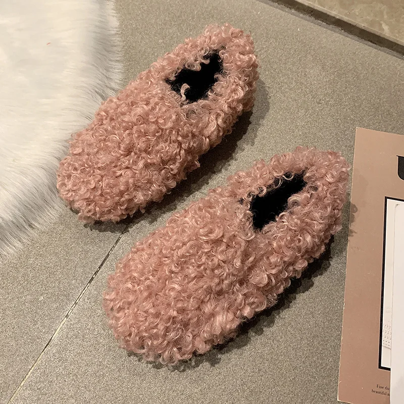 Зимние женские туфли на плоской подошве из овечьей шерсти без застежки удобные