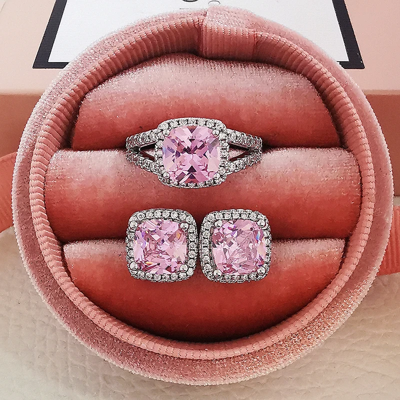 

2pcs Pack 925 Sterling Silver Jewelry Set Halo Engagement Ring Round Stud Earring For Wedding J4935-pink