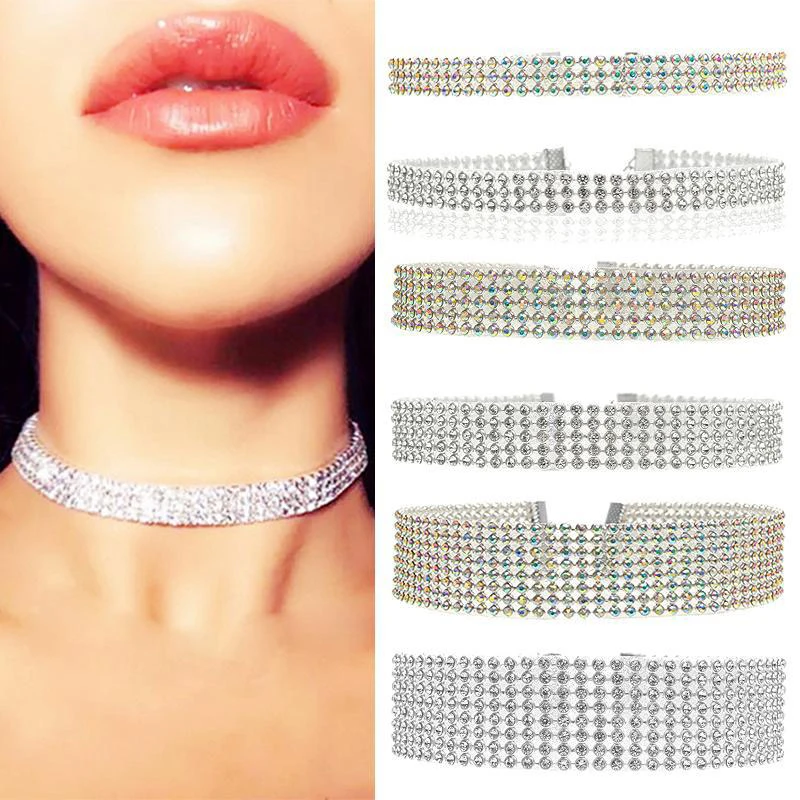 

NEW Crystal Rhinestone Choker Necklace Women Wedding Accessories Silver Color Chain Punk Gothic Chokers Jewelry