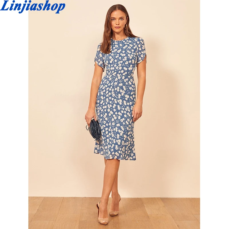

Vintage Floral Print Summer Chiffon Dress Women Round Neck Short Sleeve Slim A-line Midi Elegant Lady Dresses Robe Femme