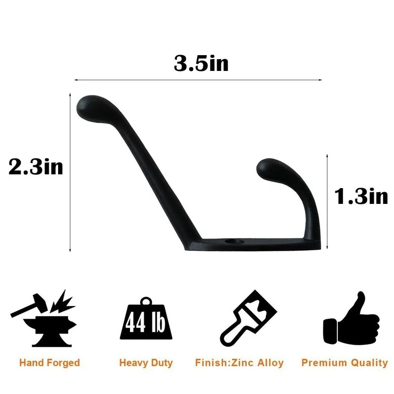 

10 Pack heavy duty Coat Hooks Wall Mounted for Dual Prong Retro Coat Hanger with 20 Screws Black Color