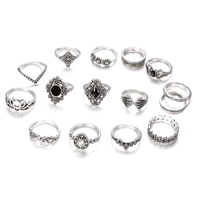 15 Pcs/Set Women Vintage Alloy Hollow out Midi Joint Finger Rings Set Knuckle Ring Jewelry Gifts for Female Girls | Украшения и