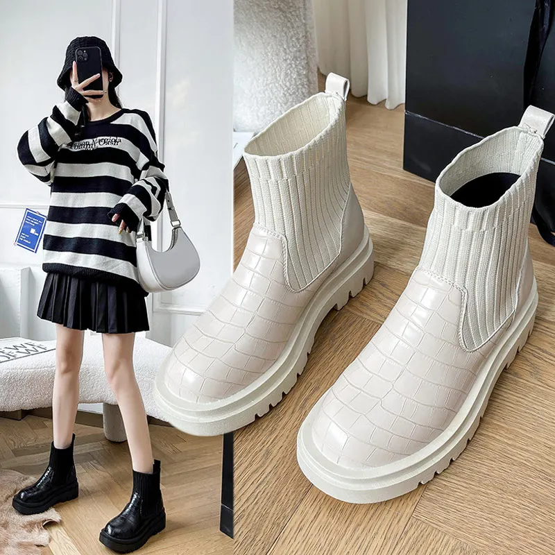 

Женские ботильоны на толстой подошве, трикотажные полусапожки из искусственной кожи без застежек, женская обувь, Новинка осени и зимы 2021