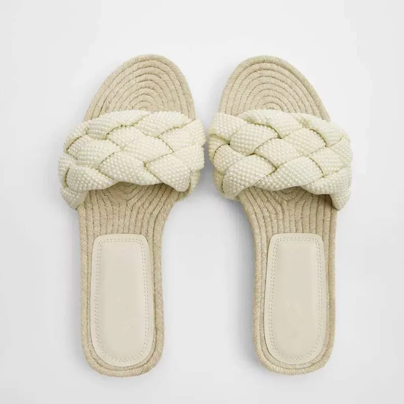 

Women's Slippers 2021 New Beige Pearl Woven Decoration Jute Flat Sandals Casual Slippers for Outer Wear