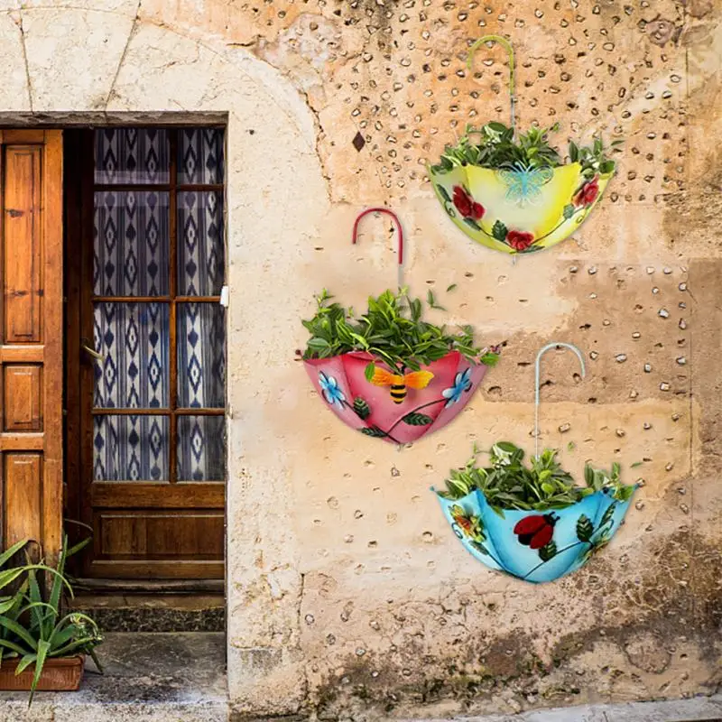 

3pcs Porch Yard Plant Holder Garden Patio Iron Art Living Room Bedroom Umbrella Shape Hanging Planter Wall Mounted Flower Basket