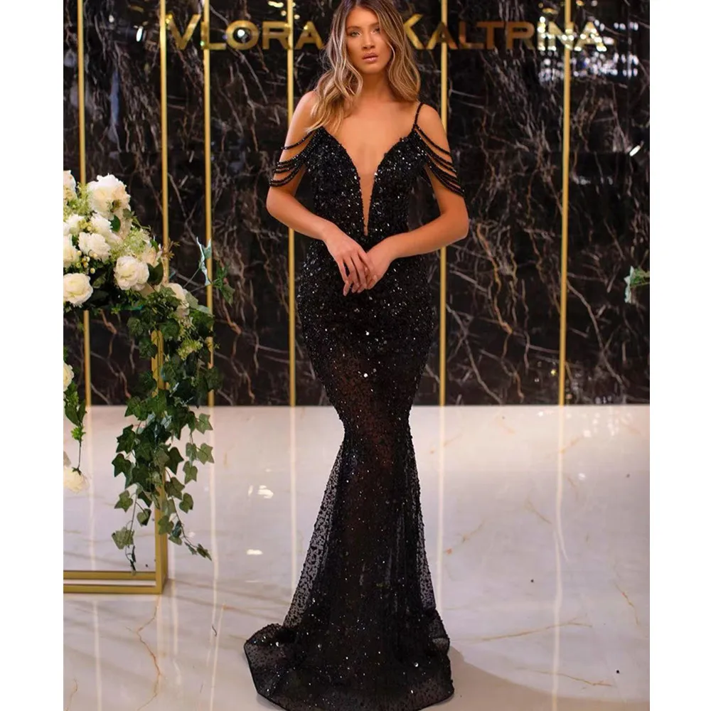 Women Luxury Sequined Maxi Dress Black Deep V-neck Tassel Sleeve Glitter Evening Party Cocktail Celebrity Wedding Guest Dresses