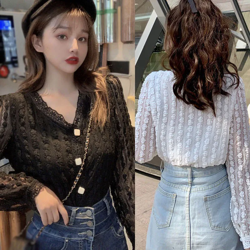 

Autumn Korean Style T Shirt Women V-Neck Lace Hollow Out Tops Female Long Sleeve T-shirt