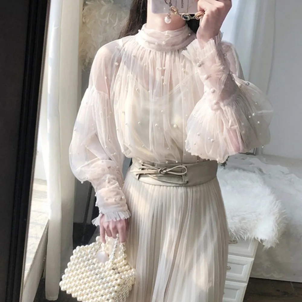 

Fall Fashion Beading T-shirts Women's Sweet Beads Bubble Sleeve Pearls Gauze Blouses Lady Elegant Mesh Shirt Blusas Tops Femal