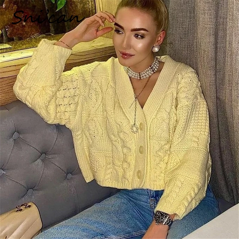 

Snican Yellow Woman Sweaters Long Sleeve V Neck Cropped Cardigan Za Loose Casual Ladies Tops Gilet Femme Manche Longue Spring