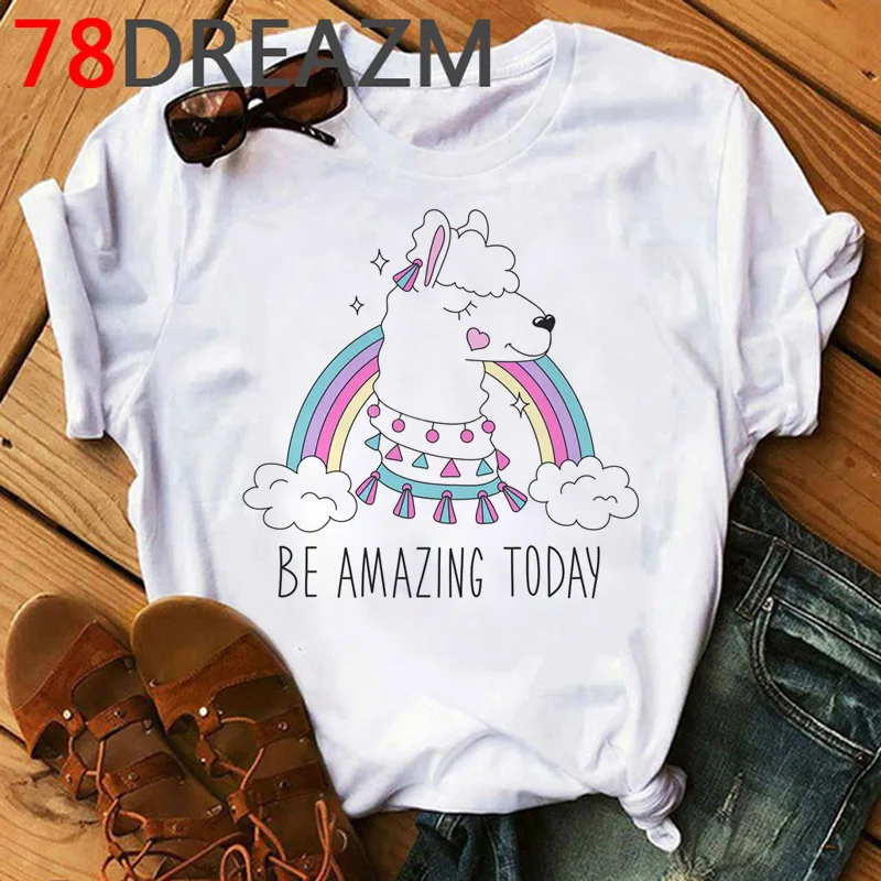 Футболка Kawaii Llama для женщин летний топ с забавным рисунком без рисунка футболки
