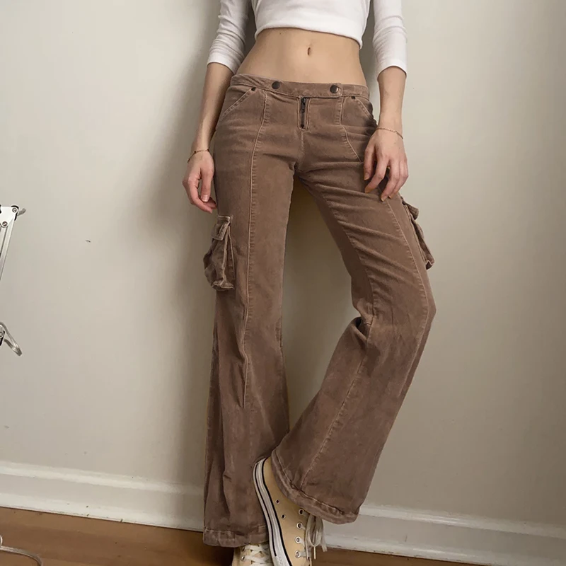 

WeiYao Khaki Solid Low Waist Corduroy Cargo Pants Women Streetwear Vintage Preppy Style School Girl Y2K Joggers 90s Outfits