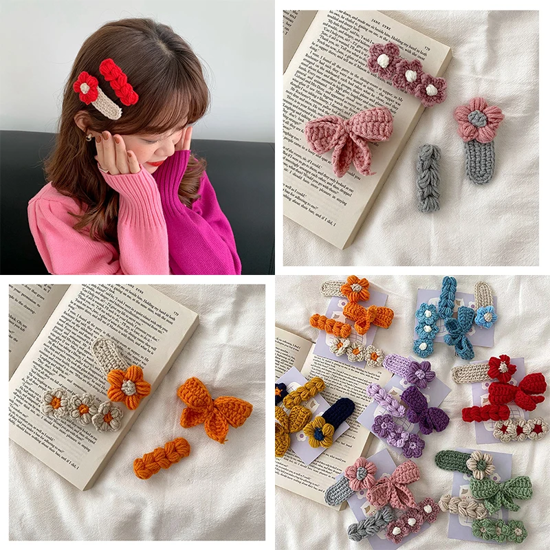 

4PC Knitted wool Butterflyl Hairpins Flower Hair Clip for Women Hair Accessories Children Baby Hairpin Girls Bow Fine Hair Clips