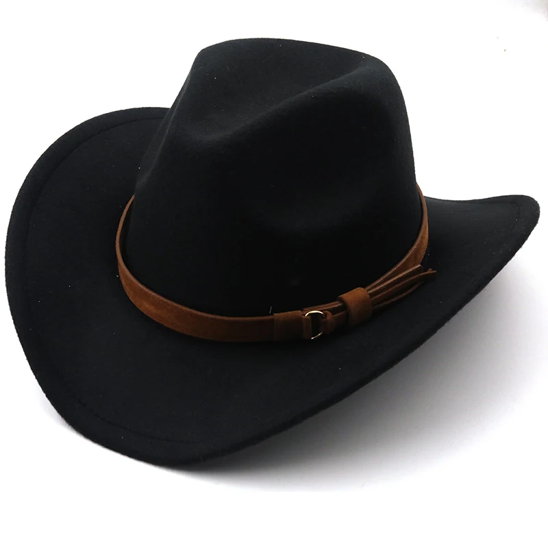 Fashion Men Women Western Cowboy Hat With Cow Head Band Wide Brim Hat Pop Jazz Hat Winter Wool Hat Size 56-58CM