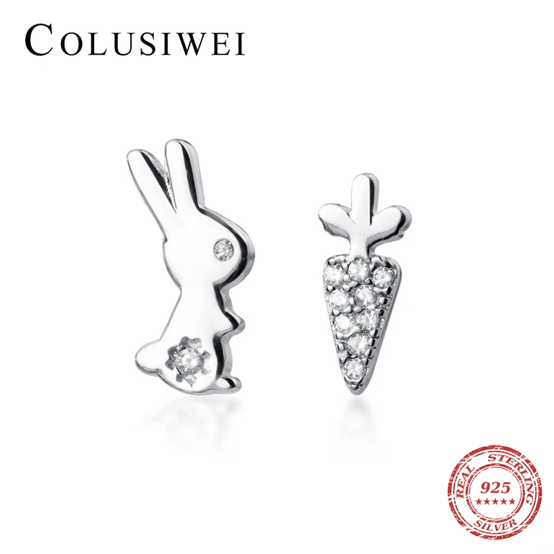 

Colusiwei Cute Asymmetric Rabbit Carrot Stud Earrings for Women 925 Sterling Silver Animal Ear Pins Fashion Female Fine Jewelry