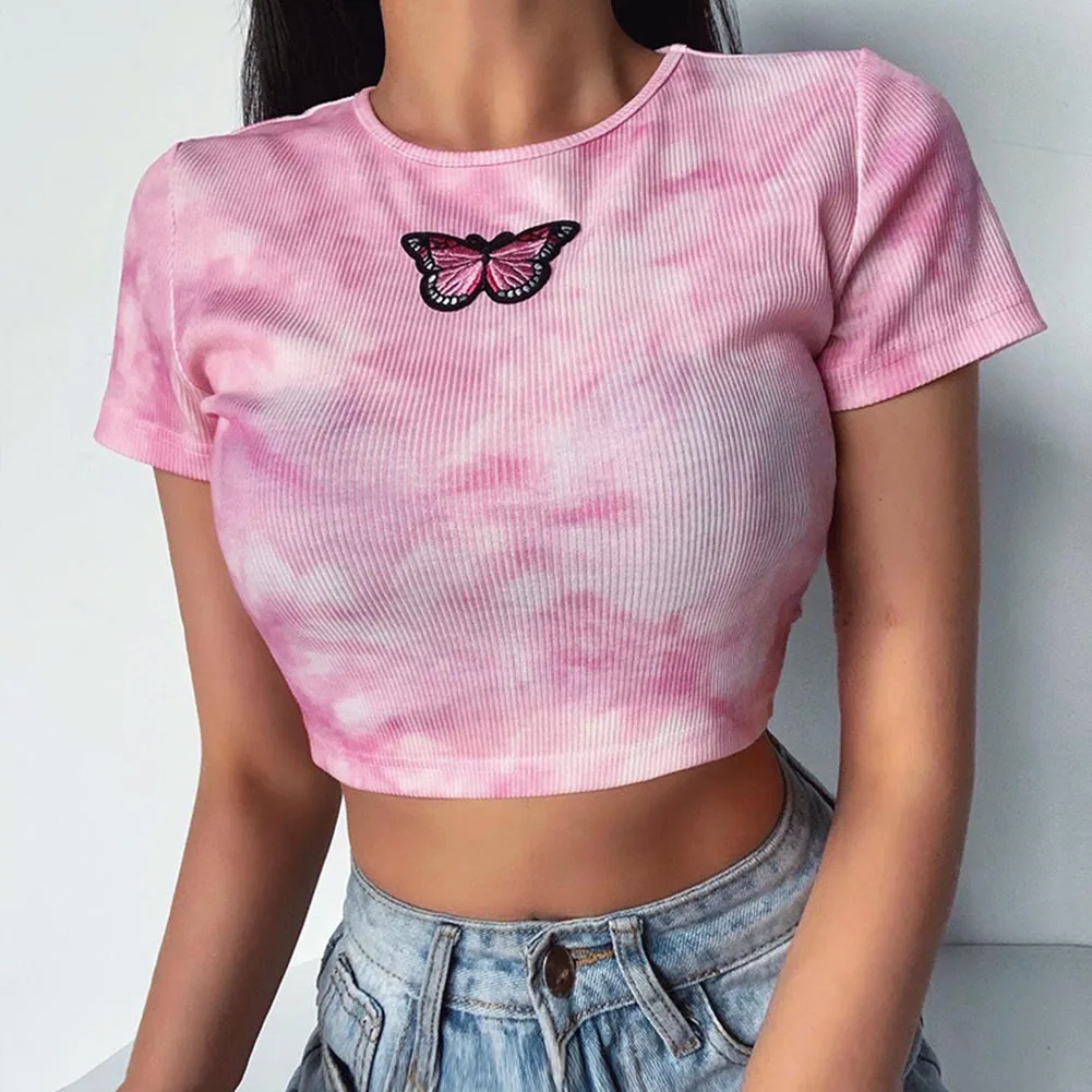 Сексуальная футболка с принтом в виде галстука-красителя женская летняя розовая
