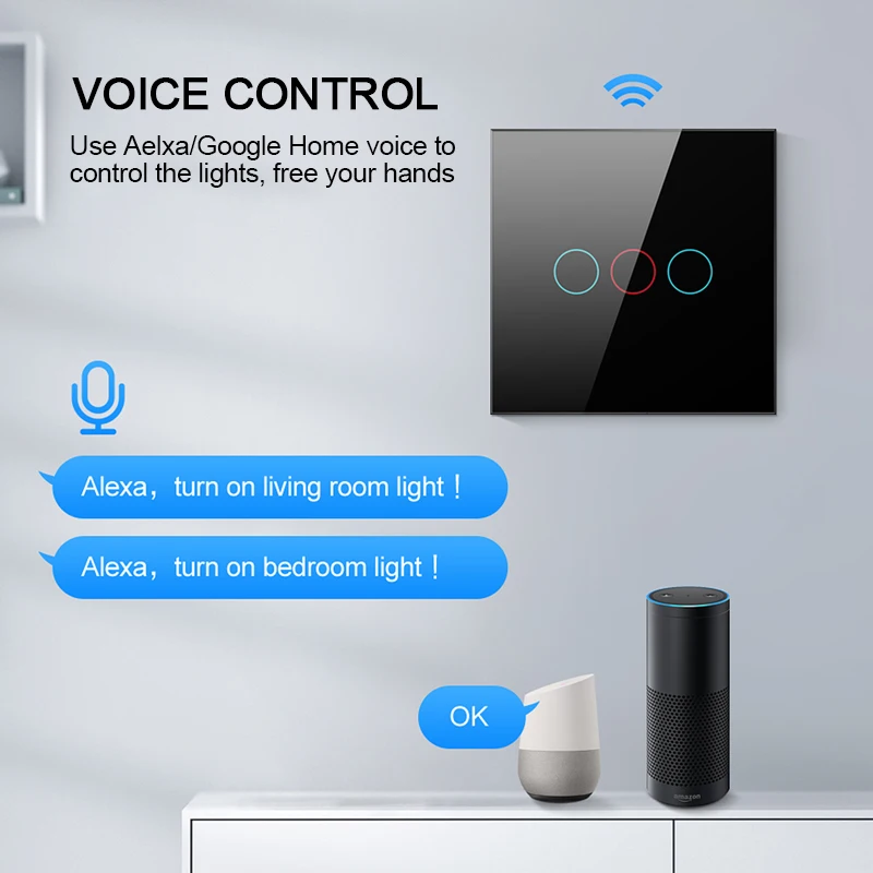 

Умный выключатель света Tuya, настенный выключатель с сенсорным управлением, Wi-Fi, с панелью из закаленного стекла, с поддержкой Alexa и Google Home