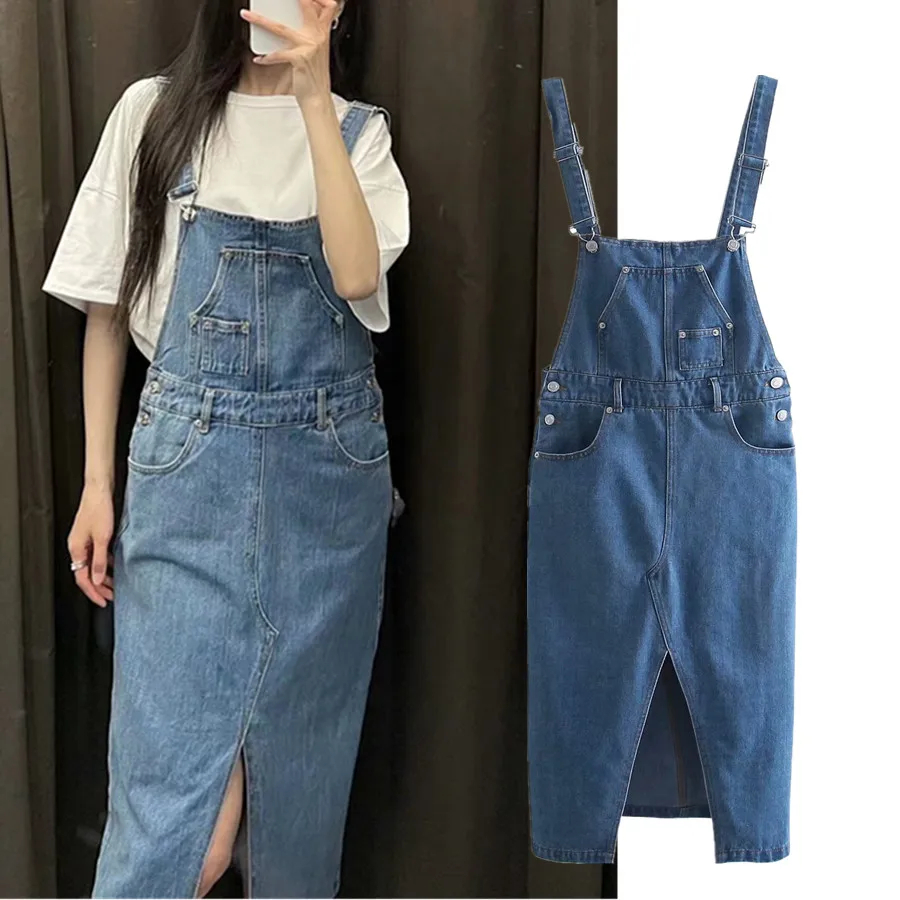 

Mlmsk Dress Women Vestidos De Fiesta De Noche High Street Vinatge Washed Pockets Summer Denim Women Vestidos Suspender skirt
