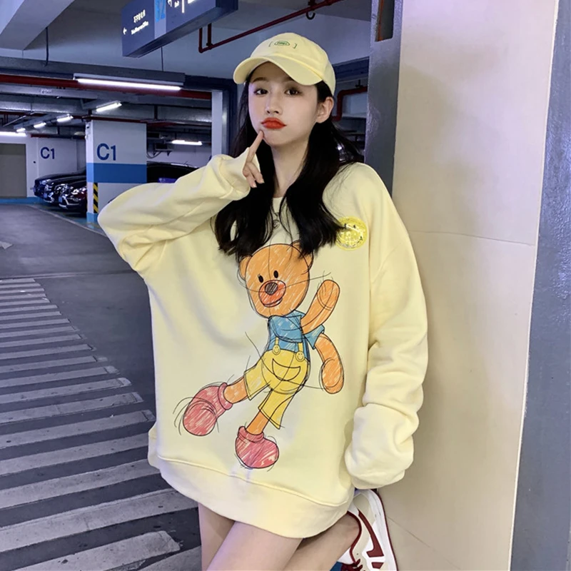 

Long Sleeve Cartoon Print Sweatshirts Women Loose Korean Version Spring and Autumn 2021 New Round Neck Lazy Wind Top Chic Hoodie