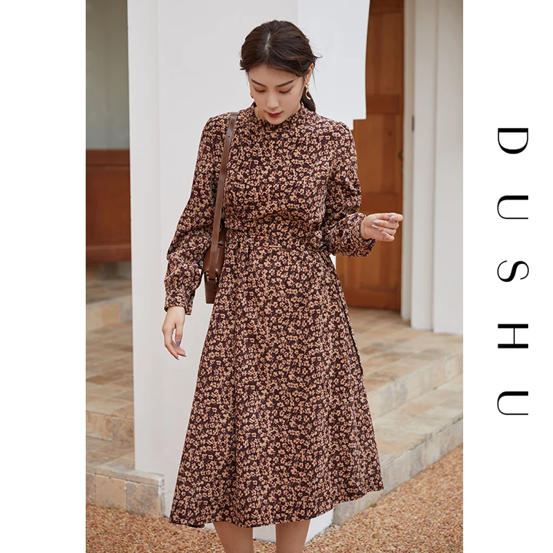 

DUSHU Plus Size Corduroy Floral Print Long Dress Women Long Sleeve Belt Office Elegant Dress Autumn Winter Slim Vintage Dress