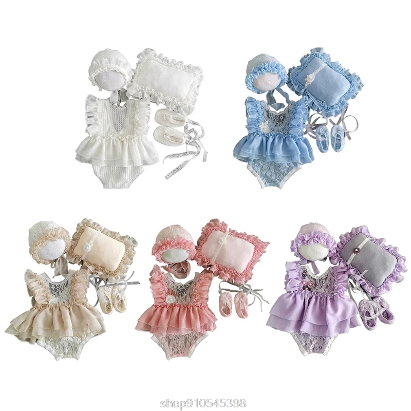 

5Pcs Baby Lace Dress+Hat+Pillow+Shorts+Shoes Set Photo Shooting Costume Outfits Newborn Photography Props O27 20 Dropshipping