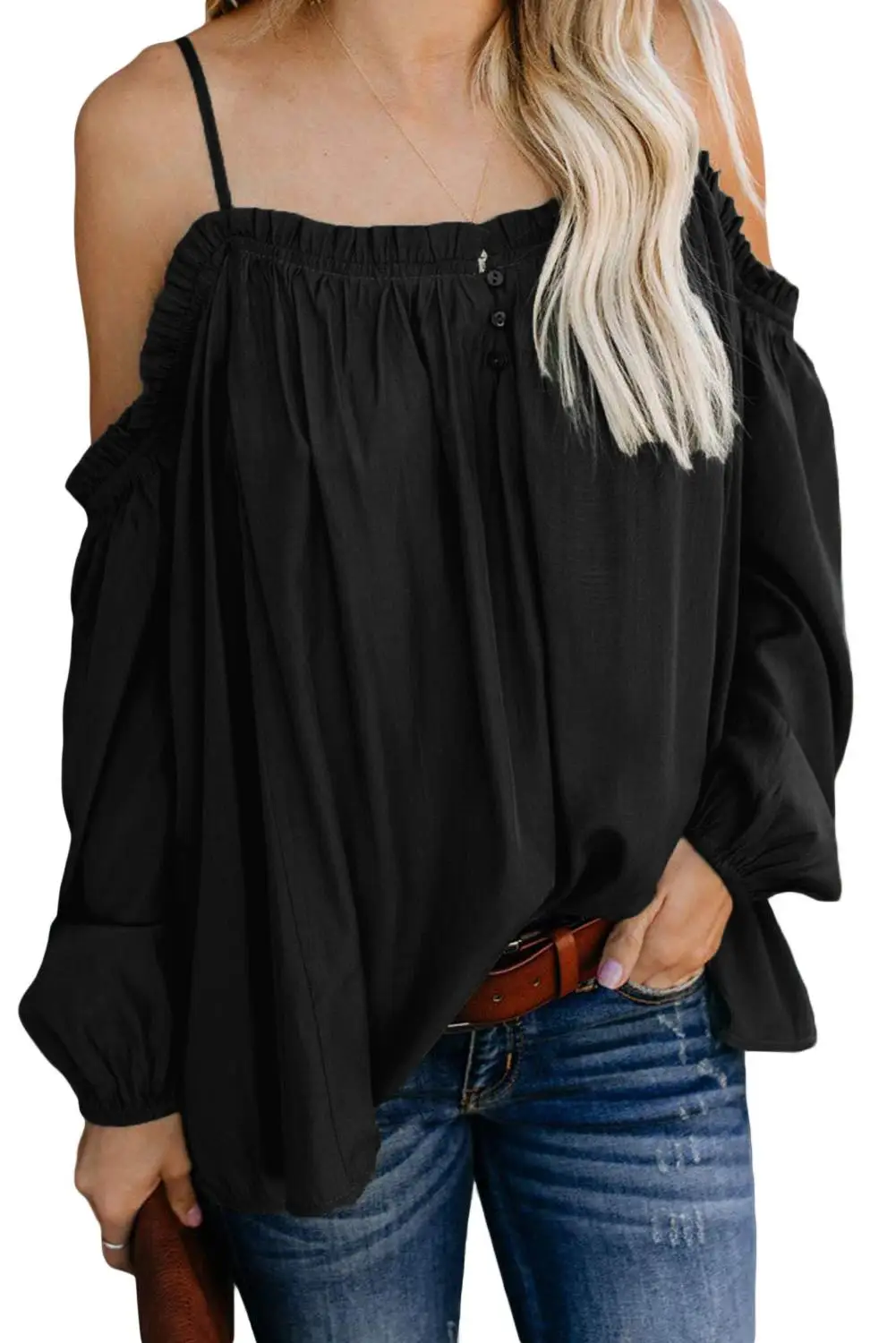 Женская блузка с оборками Echoine повседневная однотонная черного/белого цвета