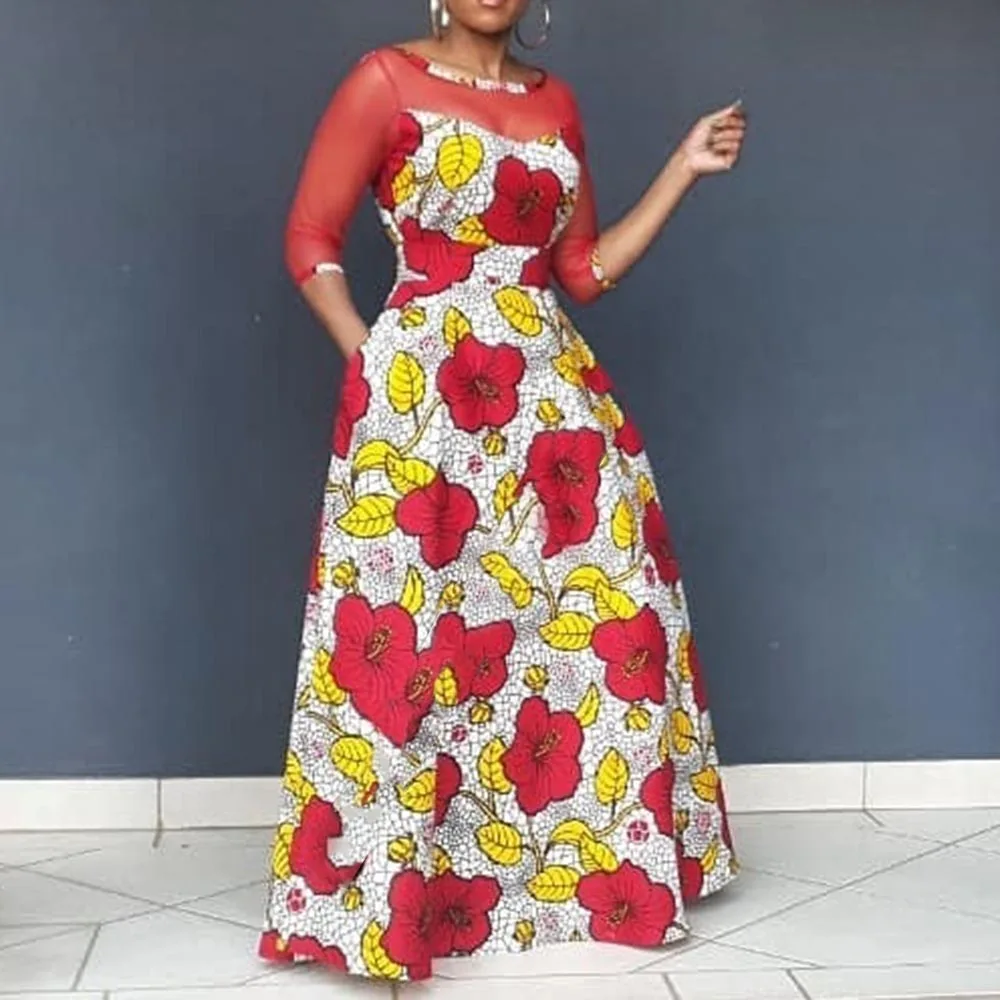 Женское Свободное платье с длинными рукавами и цветочным принтом круглым