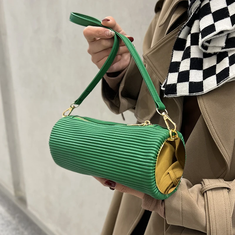 

2021 Fashion Brand PU Leather Stripe Ladies Bucket Crossbody Bags Luxury Small Designer Women Handbags Cylindrical Shoulder Bags