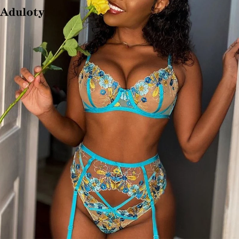 

Aduloty New Women's Lace Embroidered Underwear Mesh Thin Sexy Lingerie Underwire Gathered Bra Garter Belt Thong Erotic Set