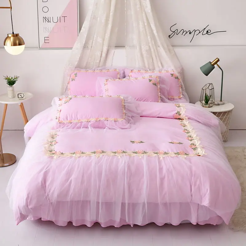 

Комплект постельного белья, комплект из 4 предметов розового цвета, с двойным пододеяльником и кружевной юбкой, в стиле принцессы, корейский...