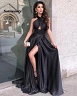 Уникальное черное атласное длинное платье с лямкой на шее для выпускного вечера с высоким разрезом сексуальные Официальные Вечерние платья 2022 robe вечерние платья Дубая