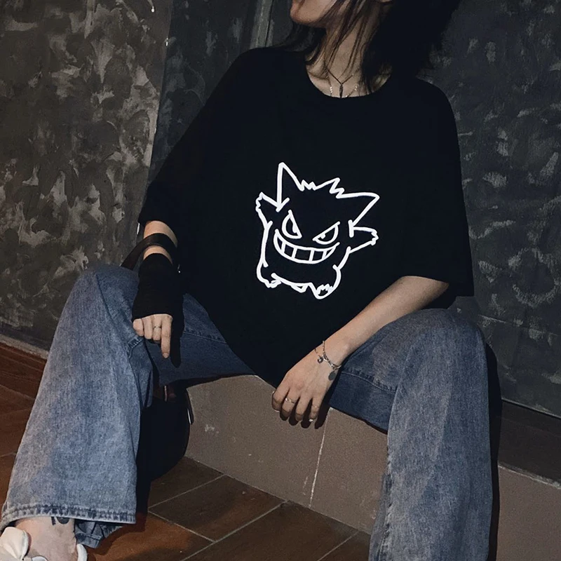 

Oversized 2021 100% Cotton Anime Print Men T Shirt Short Sleeve Summer Woman Clothing Funny Reflective Graphic Loose Unisex Top