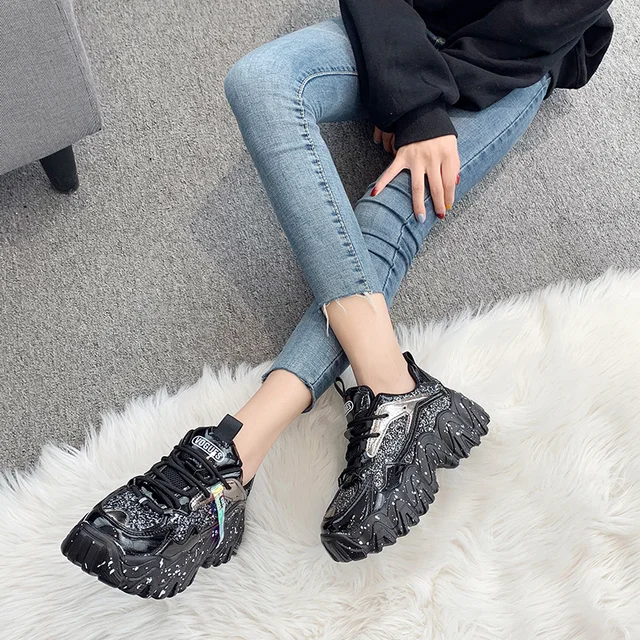 Spring Women's Chunky Sneakers Fashion Women Platform Shoes Bling Sequined Lace-Up Vulcanize Shoes Female Trainers Dad Shoes 5