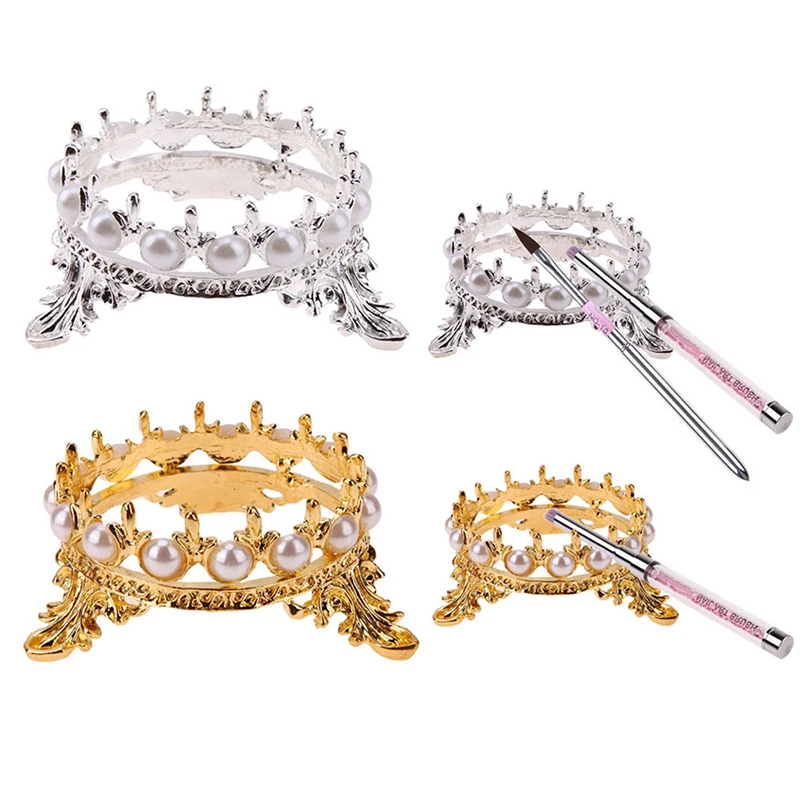 Vintage Crown Design Nail Art Pens Brushs Stand Rack Pearls Decoration Salon Home DIY Manicure Carving Drawing Pen Holder | Красота и