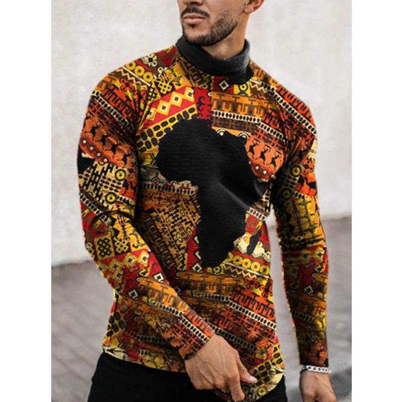 

African Clothing for Men Fashion Round Neck Long Sleeve Streetwear New Printing Slim Gentleman Clothing Casual T-Shirt 2021