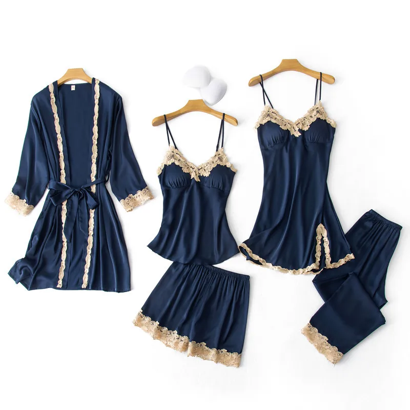 

Sexy Womens 5PCS Pajamas Set V-Neck Nighties Wear Home Negligee Nightwear Lingerie Pijama Spring Nighty Robe Gown Suit Sleepwear