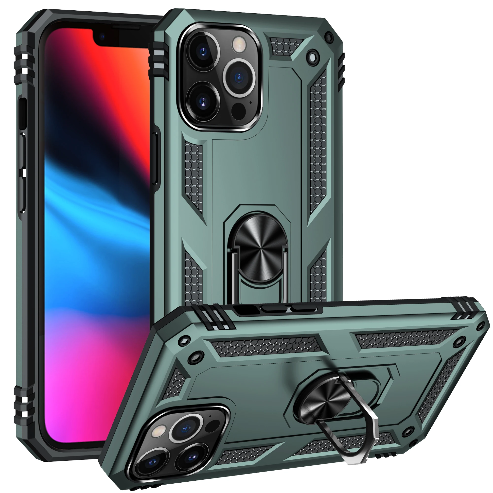 

Fashion Shockproof Armor Rugged Heavy Phone Case For iPhone 11 13 12 Mini Pro Max Finger Ring Kickstand Back Protection Cover