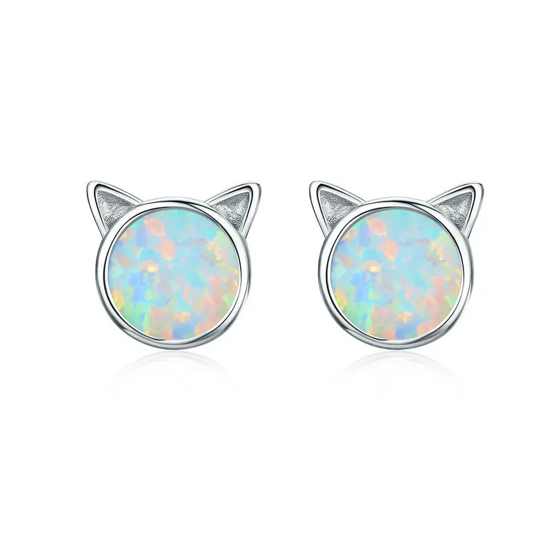 Silver Cat BAMOER, Новое поступление, 925 пробы, серебряные, милые кошачьи уши, большой камень, маленькие серьги-гвоздики для женщин, модные серьги, ювелирное изделие, SCE538 - Окраска металла: Silver Cat