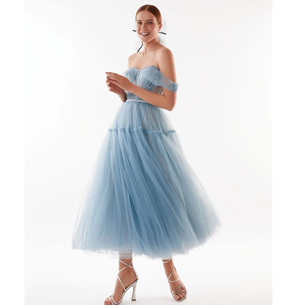 

Синие вечерние платья-трапеции, Длинные Простые платья из тюля с открытыми плечами для выпускного вечера, элегантные вечерние платья по инд...