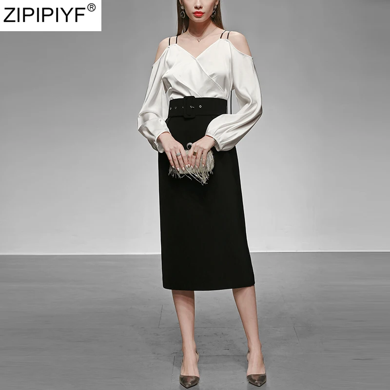 2020 Весна Лето Новая мода ремень с открытыми плечами длинный рукав топы и ампир