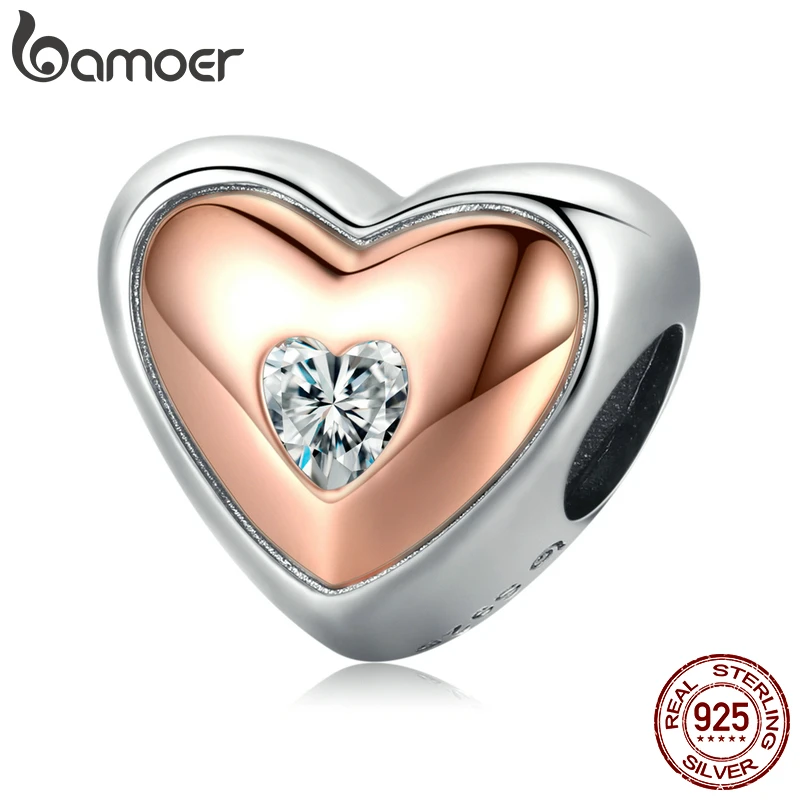 

Bamoer Classic 100% 925 Sterling Silver Heart Charms Plated Rose Gold Exqusite Heart-Shaped Beads for Women Bracelet Jewelry