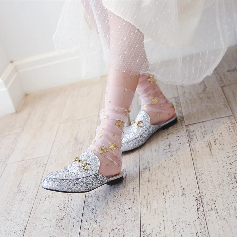 Блестящие тюлевые носки со звездами женские тонкие прозрачные длинные в
