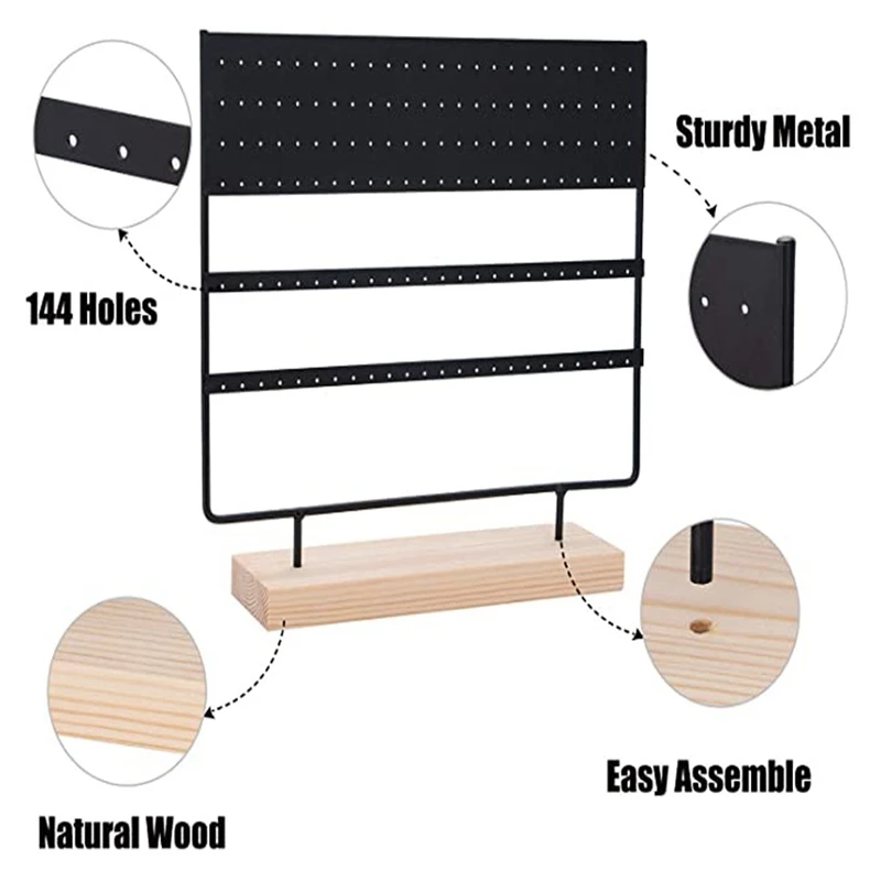 

Earring Stand Display Rack 3-Tier Ear Stud Holder Jewelry Organizer Ear Stud Earring Holder 144 Holes with Wood Base
