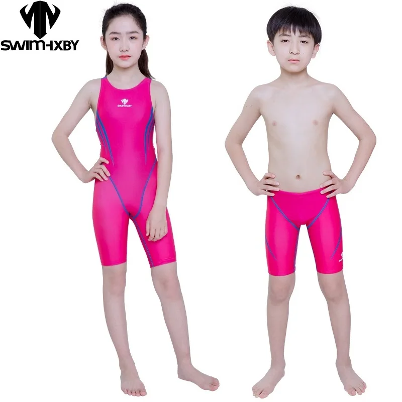 

HXBY Kids Competitive Swimming One Piece Swimsuit Knee Boys Swimsuits Bathing Suit Swim Wear racing swimwear jammer trunks