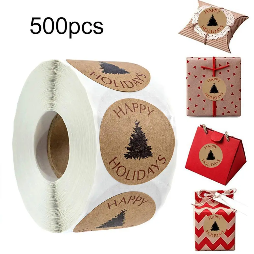 

500 Pcs/Roll Christmas Tree Happy Holidays Stickers Natural Kraft Paper Sticker New Year Gift Box Decor Stickers Sealing Label