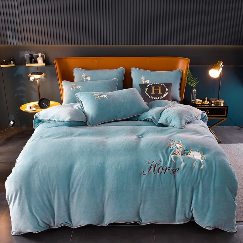 

High-Quality Milk Thick Bedding Set Autumn & Winter Embroidered Sheet And Quilt Cover Pillowcases Warmth Smooth Soft