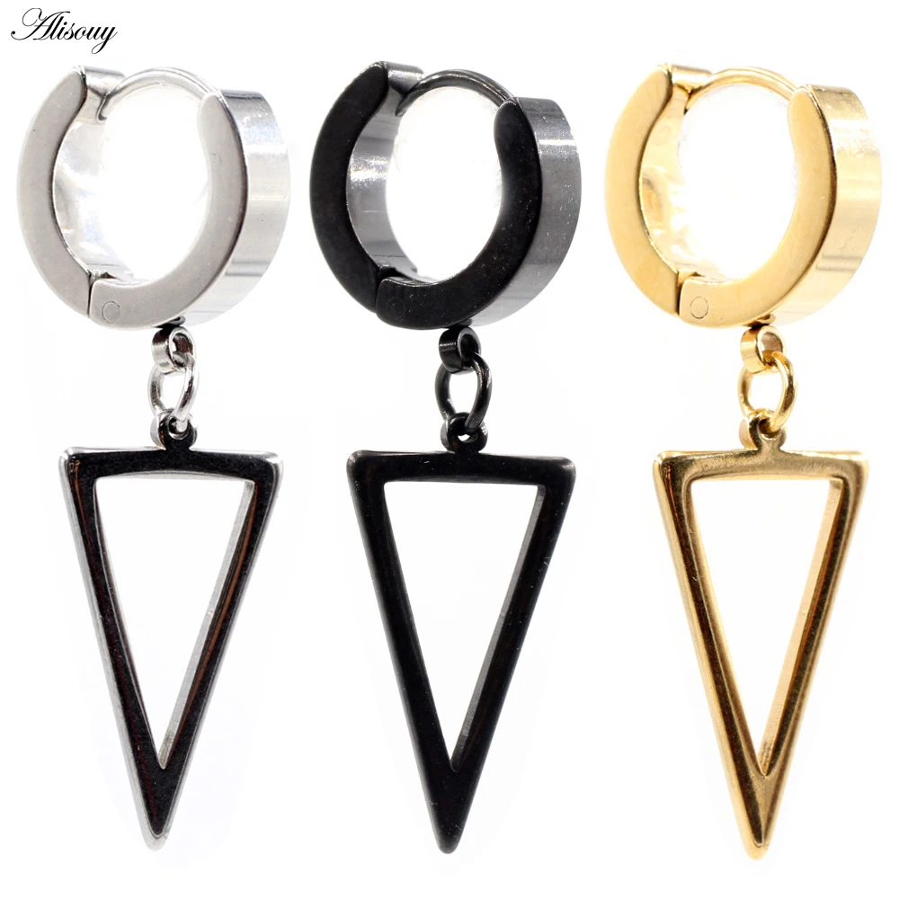 

Alisouy 2pcs Punk Hiphop Gothic 316L Stainless Steel Women Men Hollow Triangle Dangle Unisex Ear Stud Huggie Round Hoop Earrings