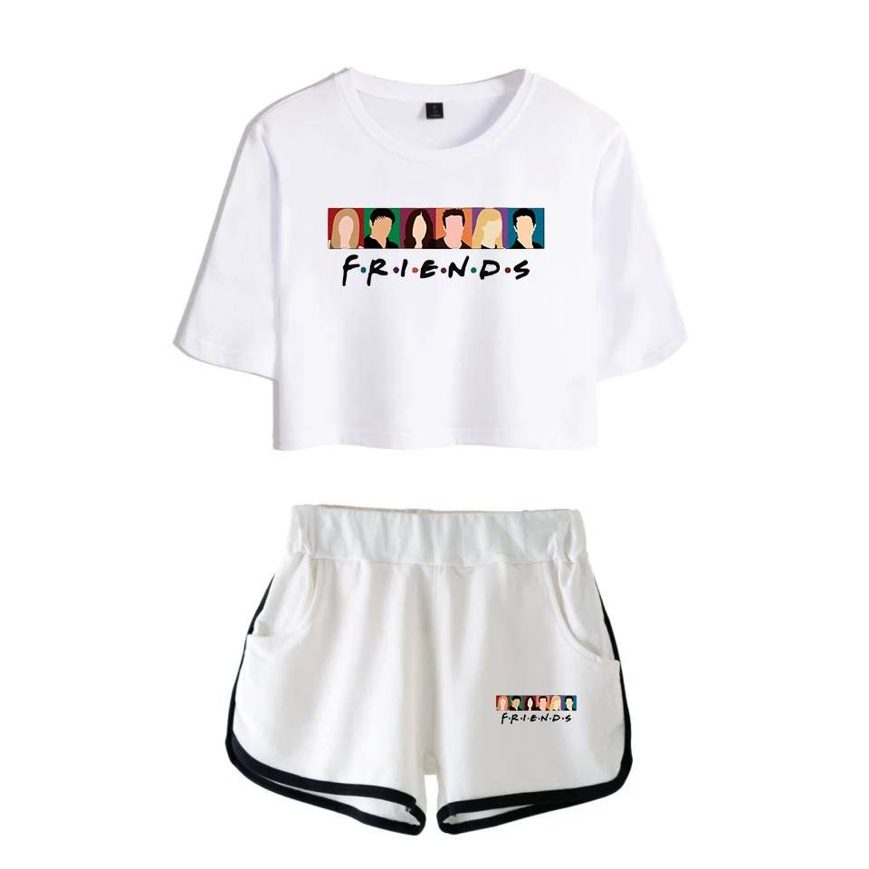 

Новый летний комплект, футболка для друзей, комплект со штанами, женские сексуальные милые топы короткие штаны, комплект для девочек, мини ш...