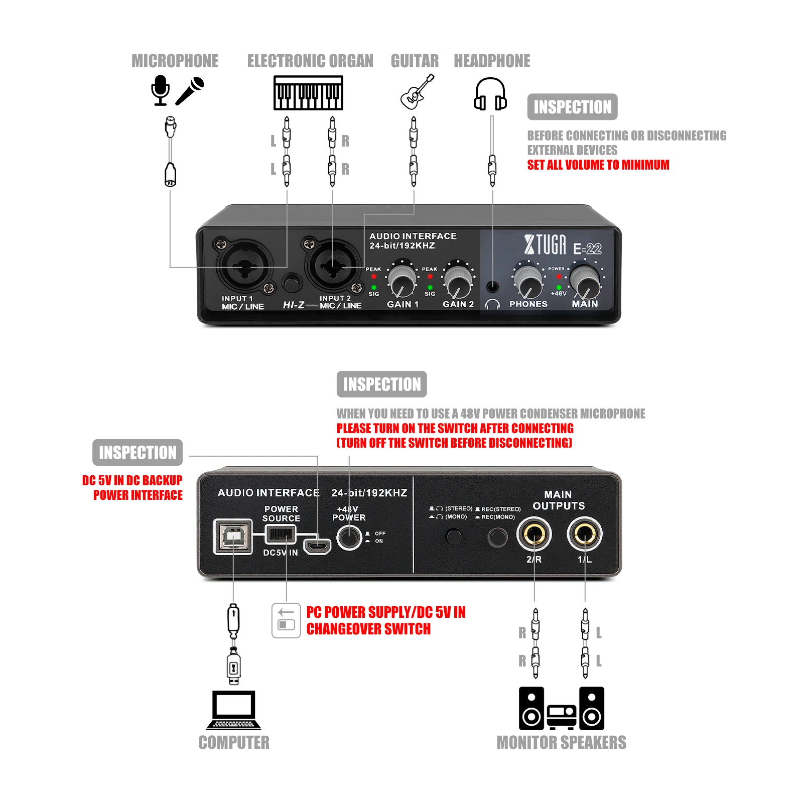 xtuga e22 audio interface soundkarte mit überwachung elektrische gitarre live aufnahme professional sound karte für studio singen free glo